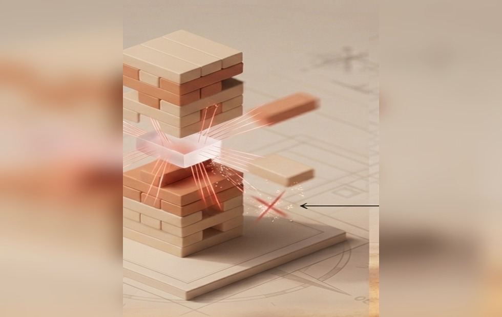 Jenga tower with one critical block being removed
